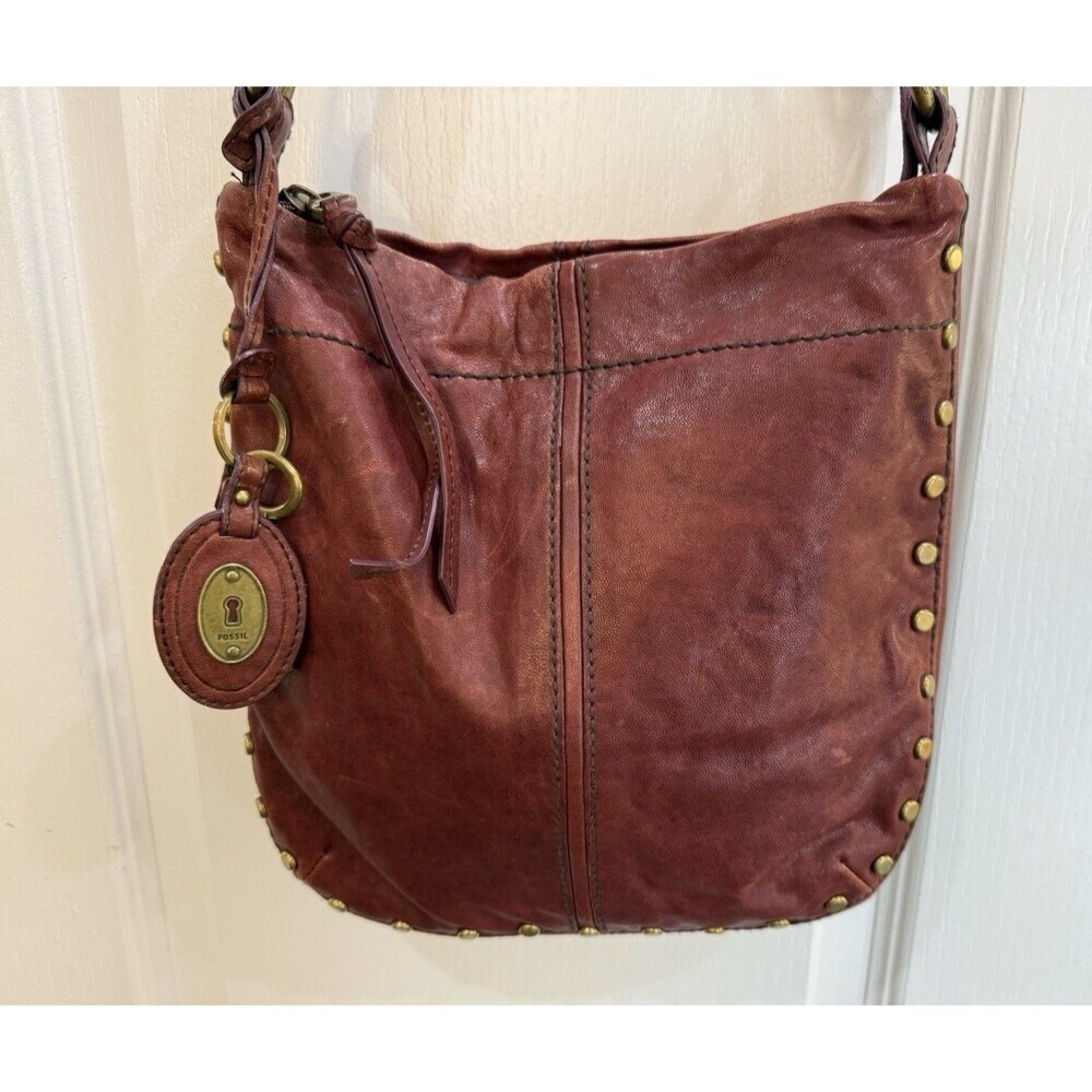 Vintage FOSSIL Satchel Hobo Crossbody Brass Rivets Studs Brown Distressed Boho